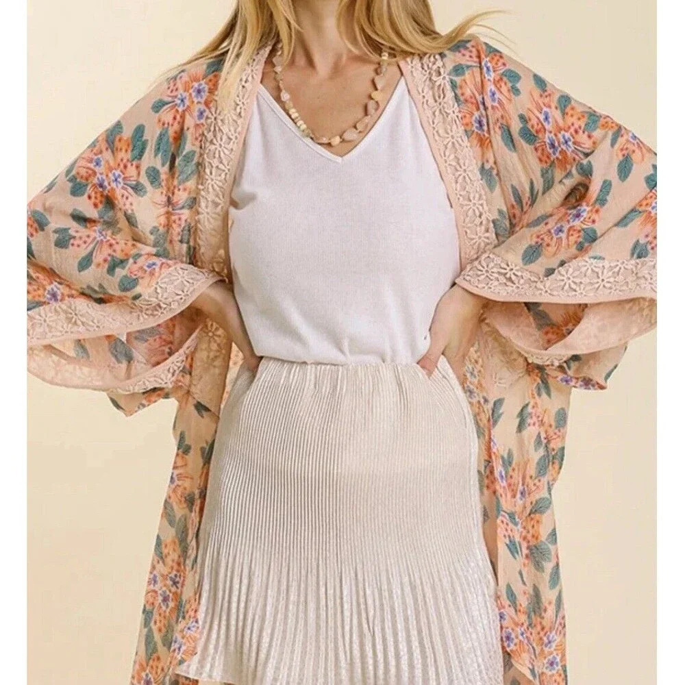 UMGEE Kimono Cardigan Size 1XL/2XL Orange Floral Boho Open Front Sheer